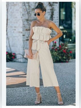 Aura Cream Strapless Linen Jumpsuit with Ruffled Bodice SzM